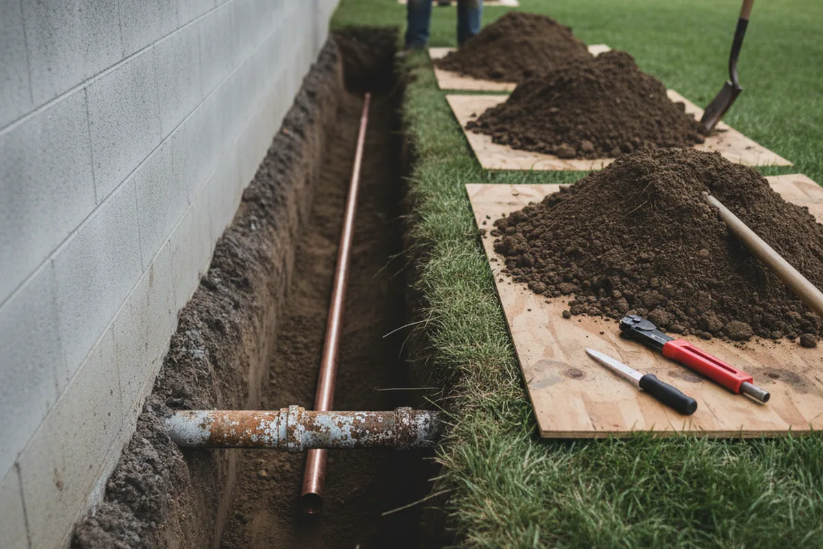 Excavated water line trench during Water Softener Installation in Tarboro